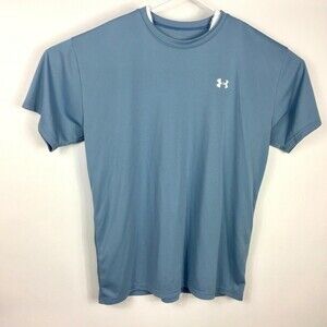 Under Armour Knit Top Men XL Blue Short Sleeve Loose Fit Logo on Front
